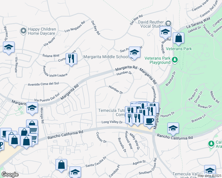 map of restaurants, bars, coffee shops, grocery stores, and more near 42050 Humber Drive in Temecula