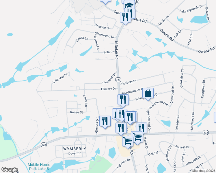 map of restaurants, bars, coffee shops, grocery stores, and more near 4479 Hickory Drive in Evans
