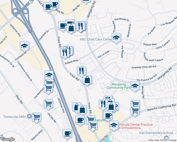 map of restaurants, bars, coffee shops, grocery stores, and more near 29527 Cara Way in Temecula