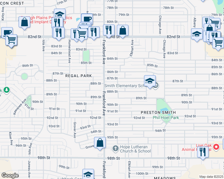 map of restaurants, bars, coffee shops, grocery stores, and more near 5717 88th Street in Lubbock