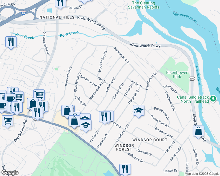 map of restaurants, bars, coffee shops, grocery stores, and more near 1126 Oakdale Road in Augusta