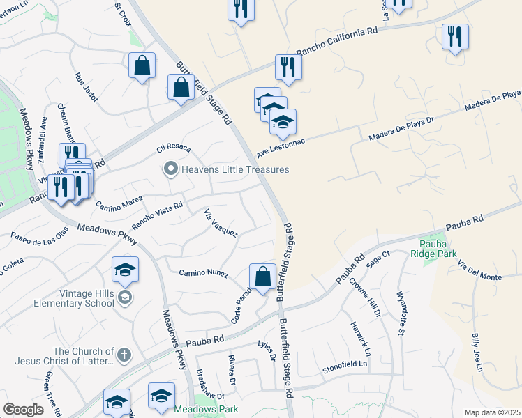 map of restaurants, bars, coffee shops, grocery stores, and more near 41827 Corte Lara in Temecula