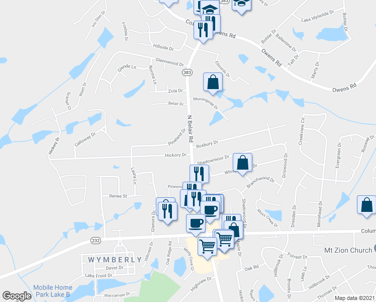 map of restaurants, bars, coffee shops, grocery stores, and more near 148 North Belair Road in Evans