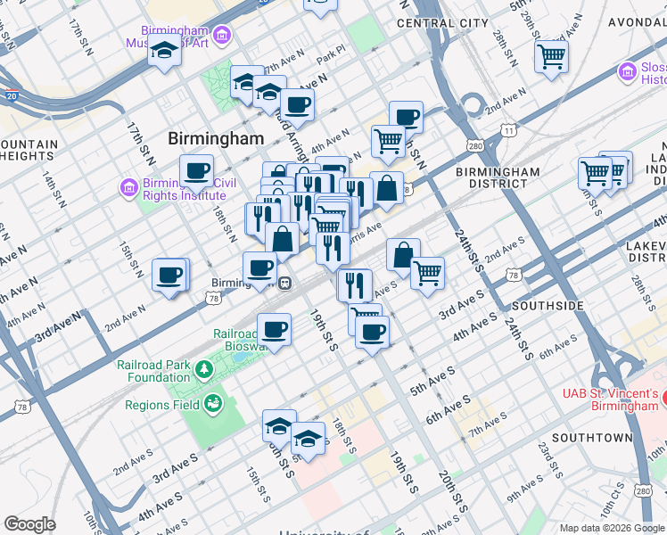 map of restaurants, bars, coffee shops, grocery stores, and more near in Birmingham