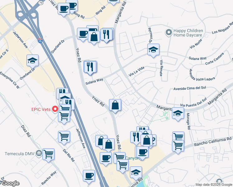 map of restaurants, bars, coffee shops, grocery stores, and more near 29581 Cara Way in Temecula
