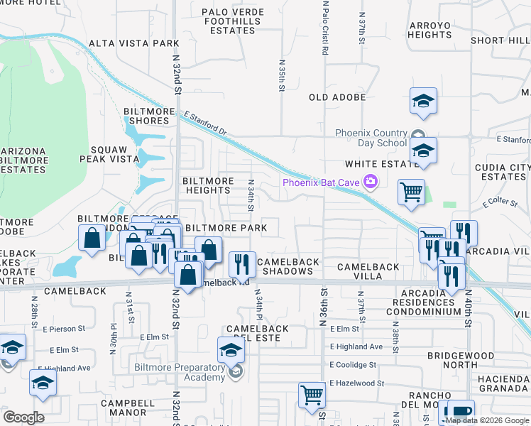 map of restaurants, bars, coffee shops, grocery stores, and more near 5124 North 34th Place in Phoenix