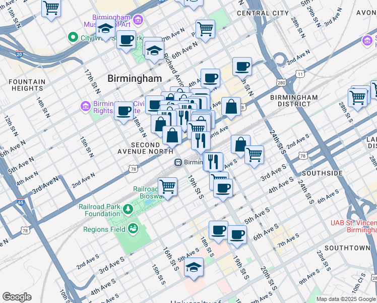 map of restaurants, bars, coffee shops, grocery stores, and more near 2 20th Street North in Birmingham