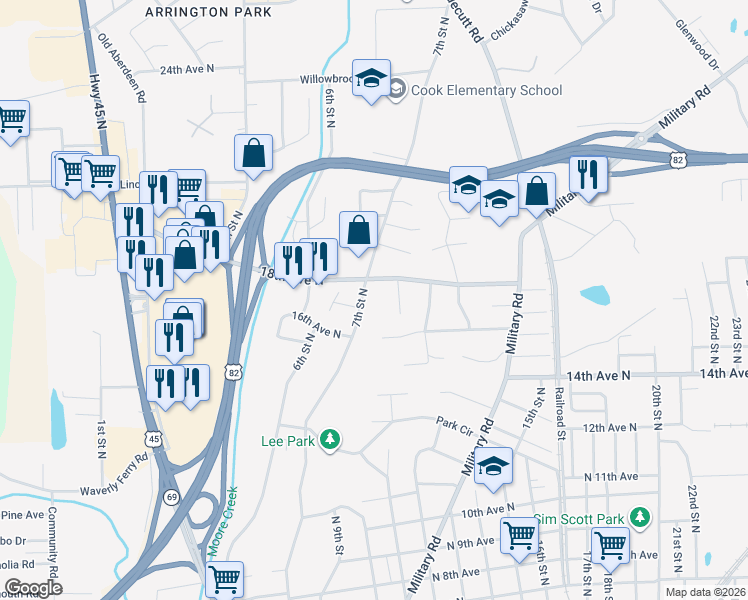map of restaurants, bars, coffee shops, grocery stores, and more near 1702 7th Street North in Columbus