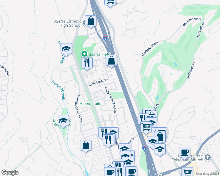 map of restaurants, bars, coffee shops, grocery stores, and more near 30941 Paseo Camalu in San Juan Capistrano