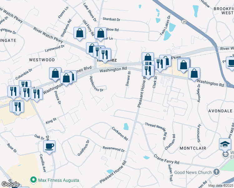 map of restaurants, bars, coffee shops, grocery stores, and more near 3420 Middleton Drive in Augusta