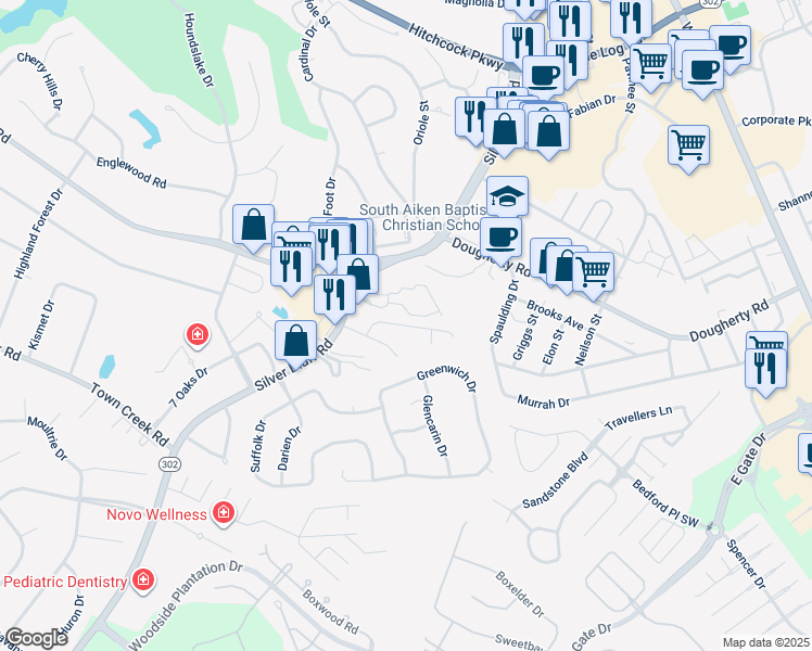 map of restaurants, bars, coffee shops, grocery stores, and more near 126 Charleston Row Boulevard in Aiken