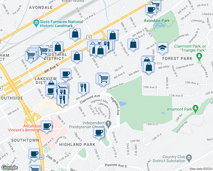 map of restaurants, bars, coffee shops, grocery stores, and more near 3330 Clairmont Avenue in Birmingham