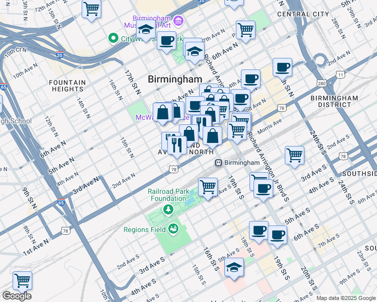 map of restaurants, bars, coffee shops, grocery stores, and more near 1716 1st Avenue North in Birmingham