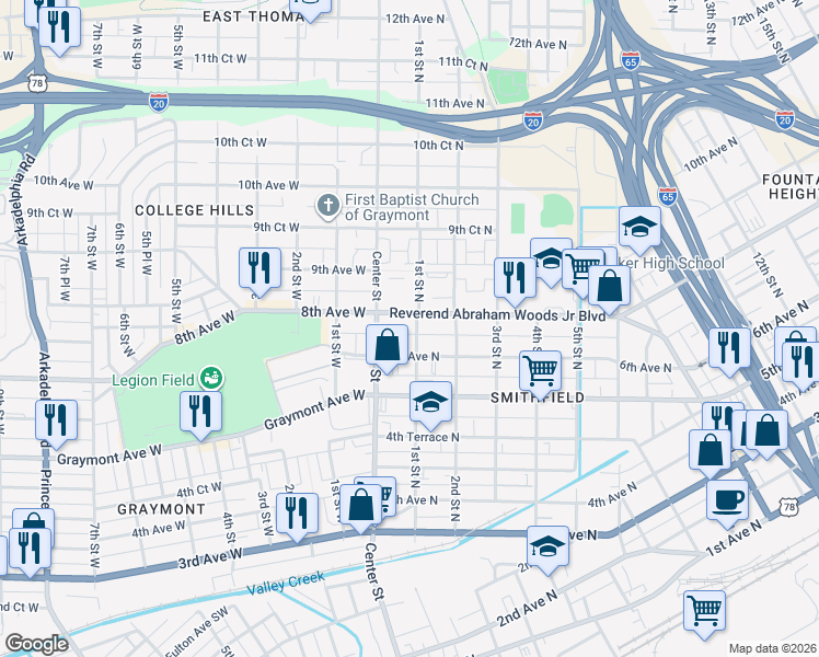 map of restaurants, bars, coffee shops, grocery stores, and more near 604 1st Street West in Birmingham