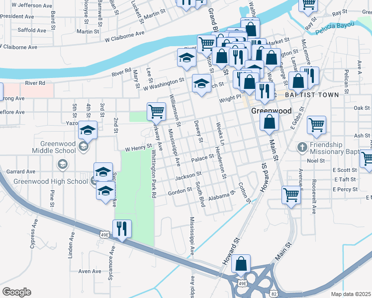map of restaurants, bars, coffee shops, grocery stores, and more near 710 South Boulevard in Greenwood