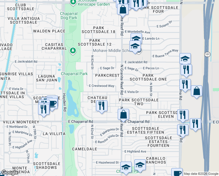 map of restaurants, bars, coffee shops, grocery stores, and more near 8317 East Vista Drive in Scottsdale
