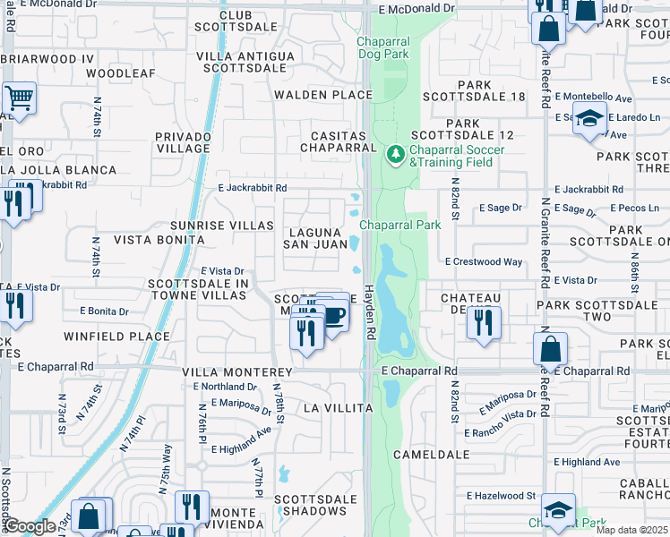 map of restaurants, bars, coffee shops, grocery stores, and more near 7938 East Sandalwood Drive in Scottsdale