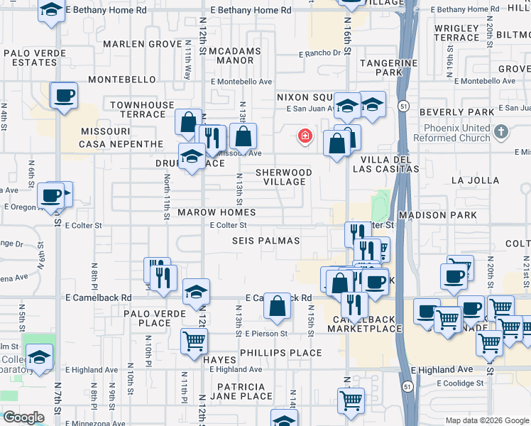 map of restaurants, bars, coffee shops, grocery stores, and more near 1329 East Oregon Avenue in Phoenix