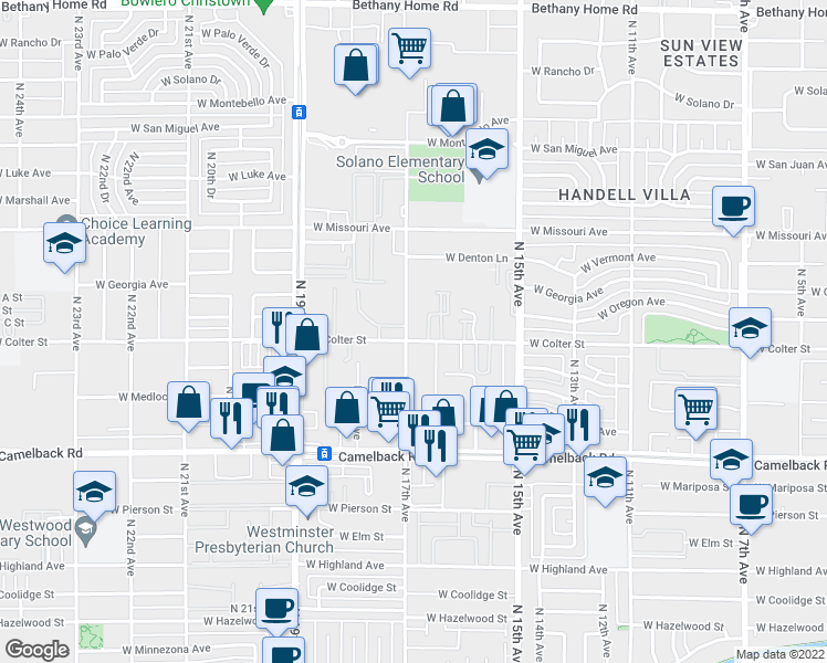 map of restaurants, bars, coffee shops, grocery stores, and more near 1633 West Colter Street in Phoenix