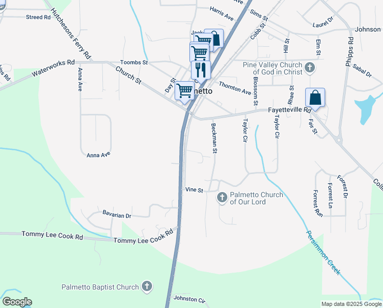 map of restaurants, bars, coffee shops, grocery stores, and more near 199b Cobb Street in Palmetto