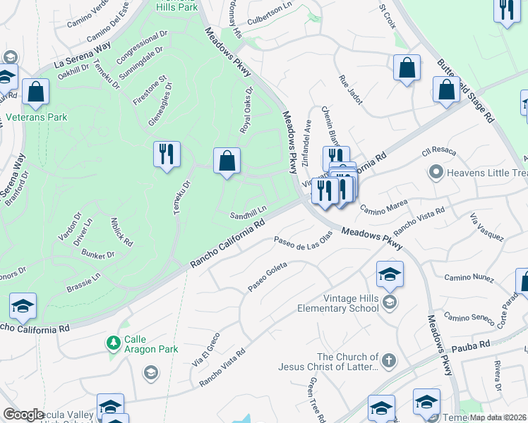 map of restaurants, bars, coffee shops, grocery stores, and more near 31631 Sandhill Lane in Temecula
