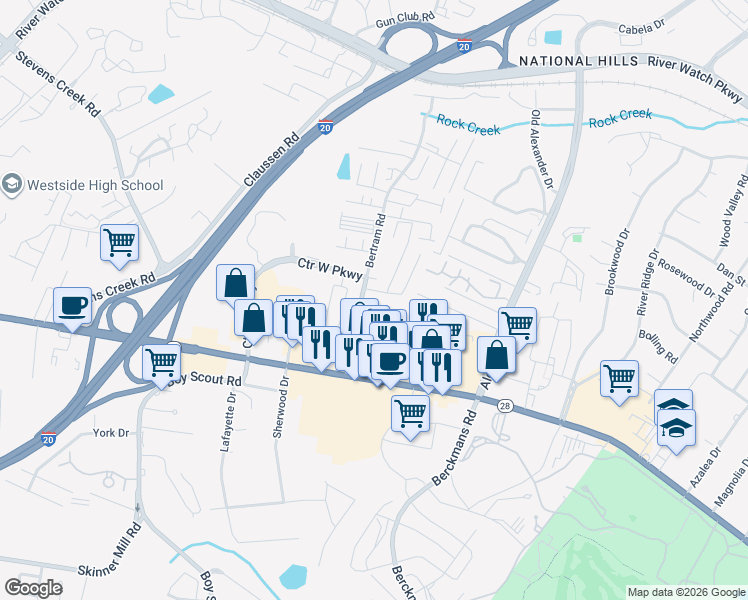 map of restaurants, bars, coffee shops, grocery stores, and more near 1068 Bertram Road in Augusta