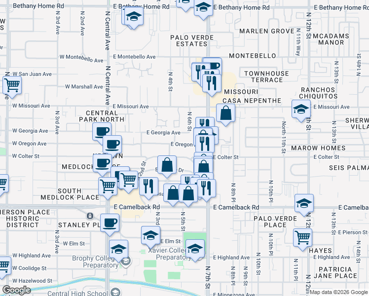 map of restaurants, bars, coffee shops, grocery stores, and more near 540 East Colter Street in Phoenix