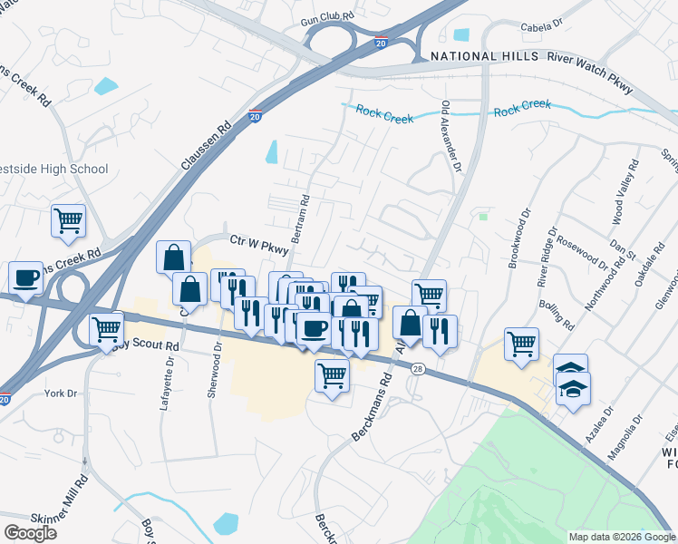 map of restaurants, bars, coffee shops, grocery stores, and more near 2034 Glennfield Lane in Augusta
