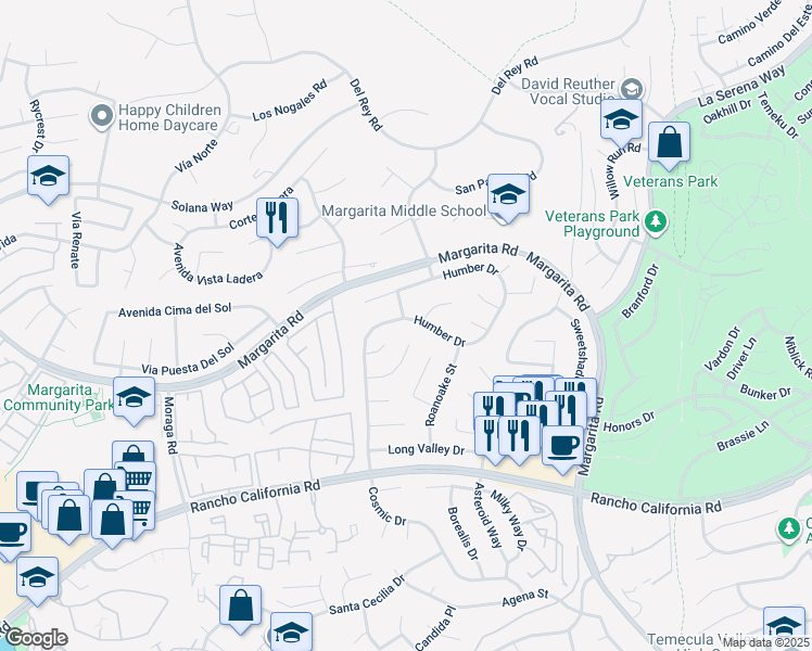 map of restaurants, bars, coffee shops, grocery stores, and more near 42068 Humber Drive in Temecula