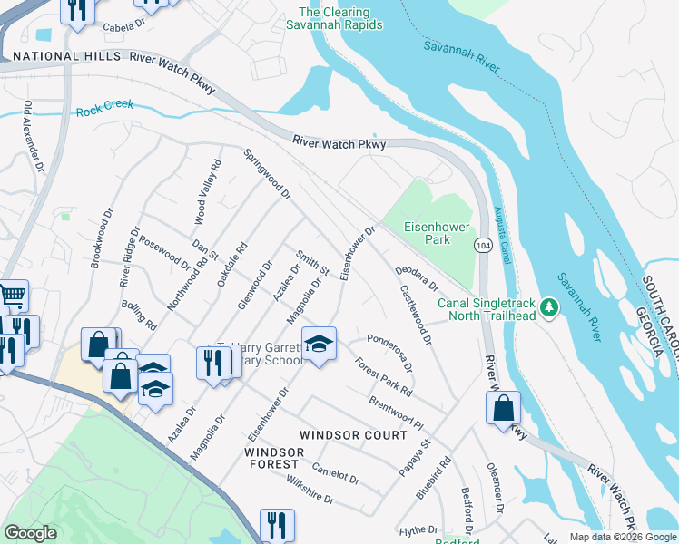 map of restaurants, bars, coffee shops, grocery stores, and more near 1215 Eisenhower Drive in Augusta