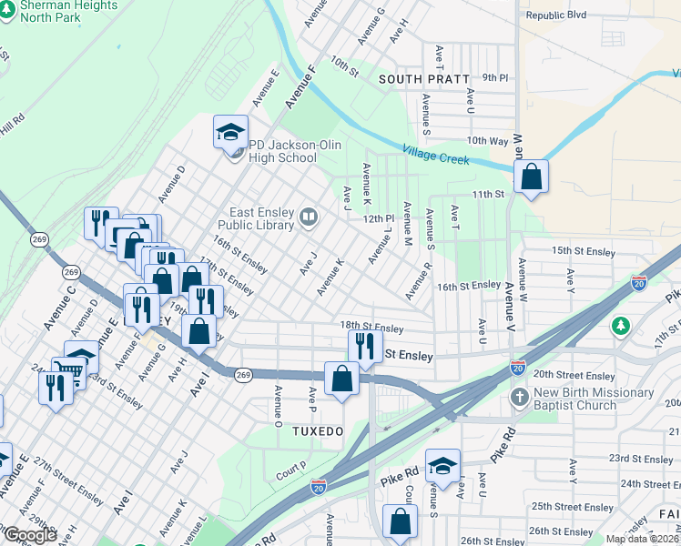 map of restaurants, bars, coffee shops, grocery stores, and more near 1409 Avenue K in Birmingham