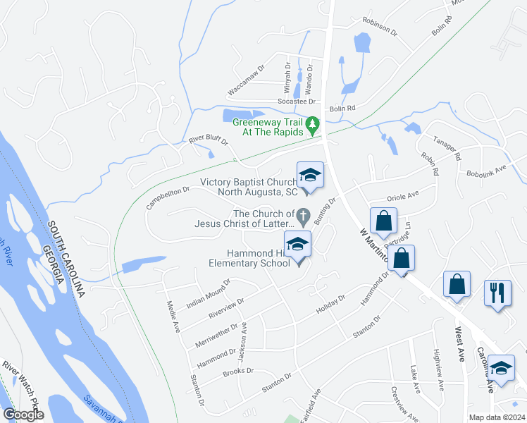 map of restaurants, bars, coffee shops, grocery stores, and more near 930 Campbellton Drive in North Augusta