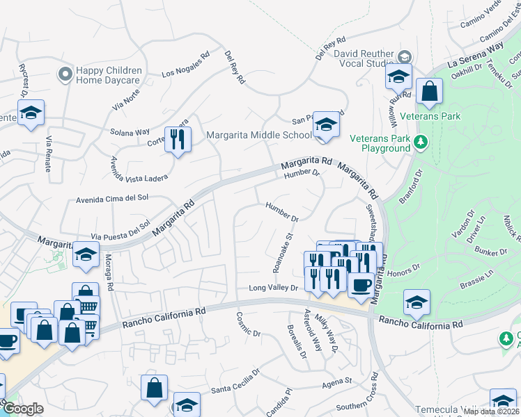 map of restaurants, bars, coffee shops, grocery stores, and more near 42068 Humber Drive in Temecula