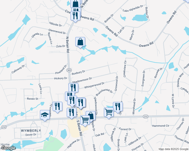 map of restaurants, bars, coffee shops, grocery stores, and more near 4446 Shadowmoor Drive in Augusta