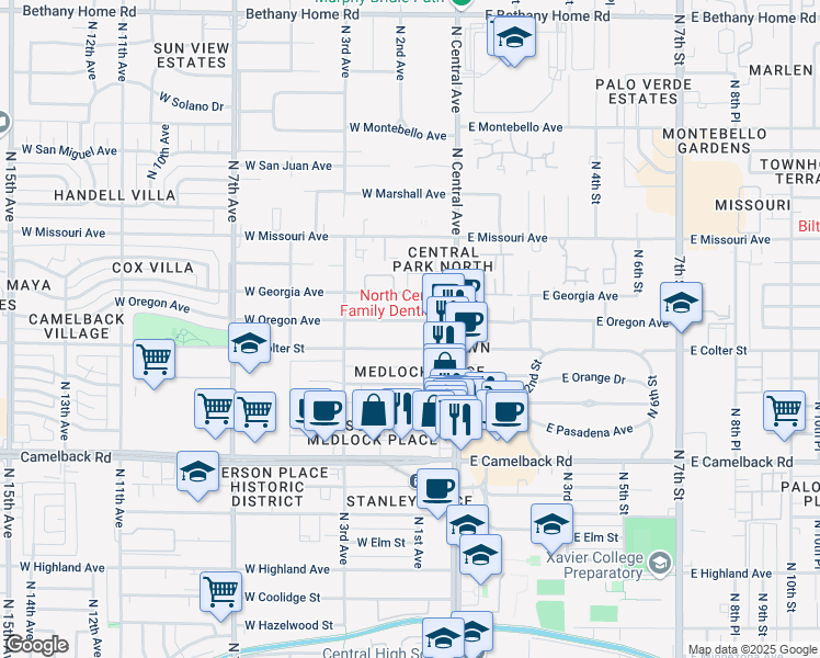 map of restaurants, bars, coffee shops, grocery stores, and more near 14 West Colter Street in Phoenix