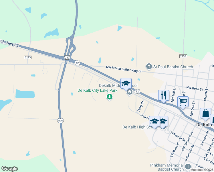 map of restaurants, bars, coffee shops, grocery stores, and more near 1017 West Grizzley Street in De Kalb