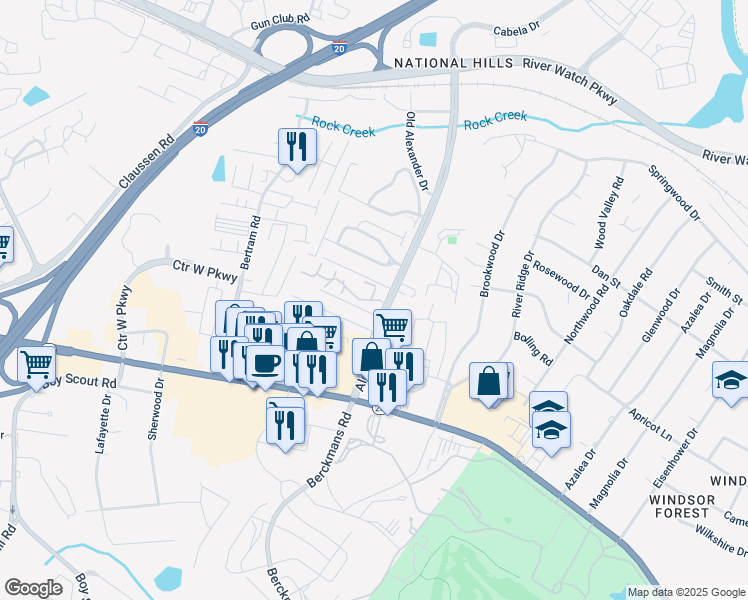 map of restaurants, bars, coffee shops, grocery stores, and more near 2003 Glennfield Lane in Augusta