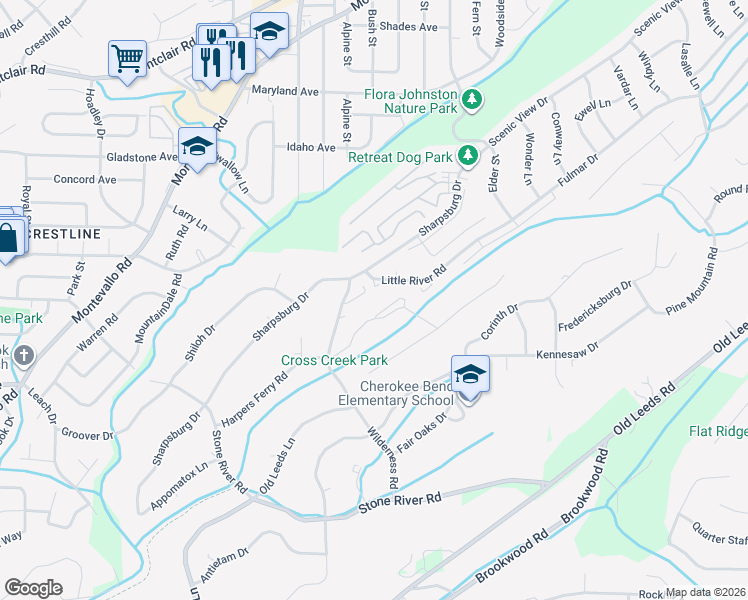 map of restaurants, bars, coffee shops, grocery stores, and more near 13 Cross Creek Drive in Birmingham