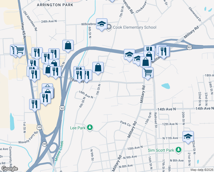 map of restaurants, bars, coffee shops, grocery stores, and more near 1702 7th Street North in Columbus