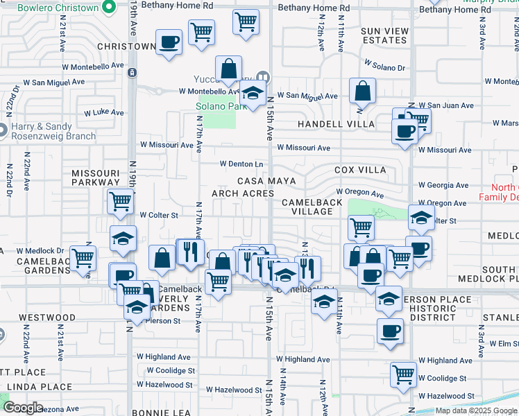 map of restaurants, bars, coffee shops, grocery stores, and more near 1518 West Colter Street in Phoenix