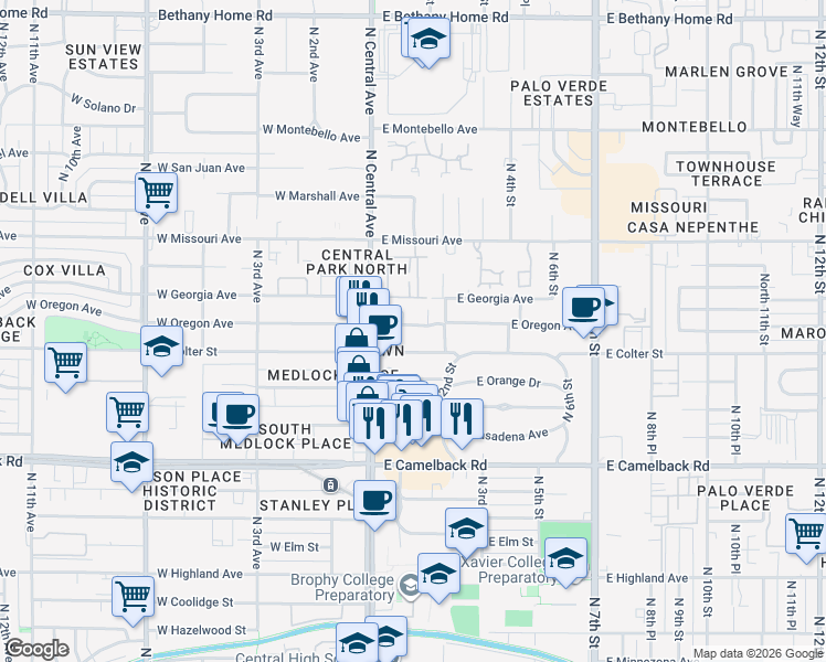 map of restaurants, bars, coffee shops, grocery stores, and more near 26 East Colter Street in Phoenix