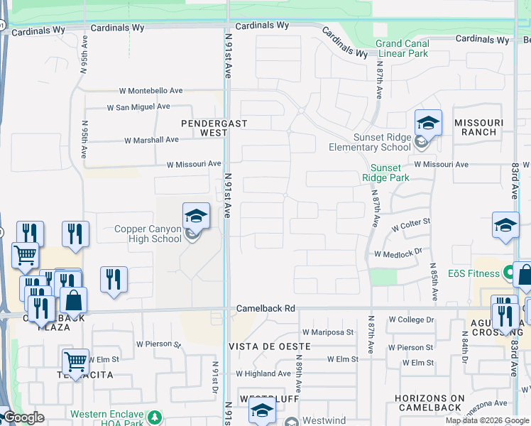map of restaurants, bars, coffee shops, grocery stores, and more near 5253-5499 North 91st Avenue in Glendale