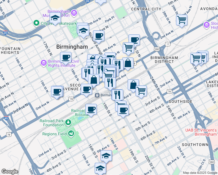 map of restaurants, bars, coffee shops, grocery stores, and more near in Birmingham