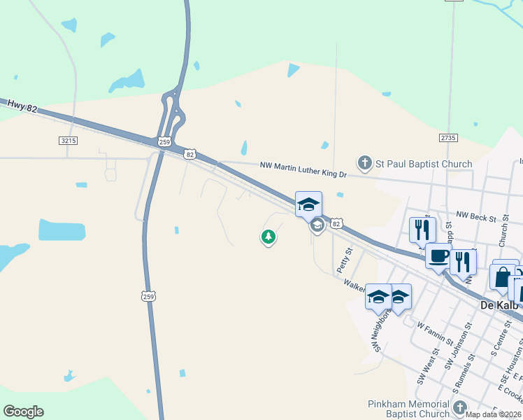map of restaurants, bars, coffee shops, grocery stores, and more near 1017 West Grizzley Street in De Kalb