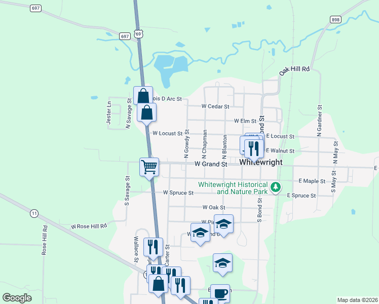 map of restaurants, bars, coffee shops, grocery stores, and more near 502 West Grand Street in Whitewright