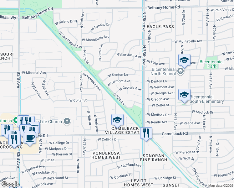 map of restaurants, bars, coffee shops, grocery stores, and more near 5381 North 77th Lane in Glendale