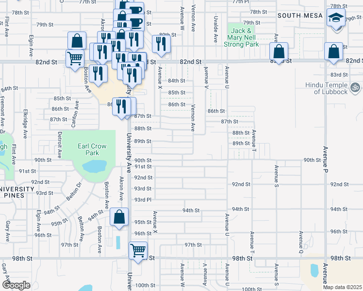 map of restaurants, bars, coffee shops, grocery stores, and more near 2209 89th Street in Lubbock