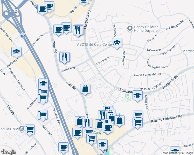map of restaurants, bars, coffee shops, grocery stores, and more near 29578 Cara Way in Temecula