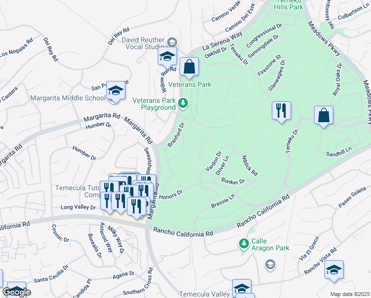 map of restaurants, bars, coffee shops, grocery stores, and more near 30863 Medinah Way in Temecula