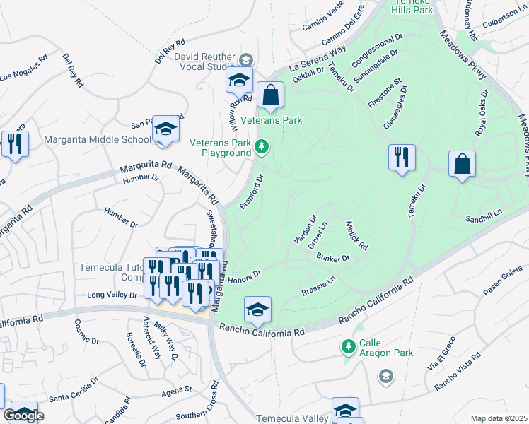 map of restaurants, bars, coffee shops, grocery stores, and more near 30863 Medinah Way in Temecula